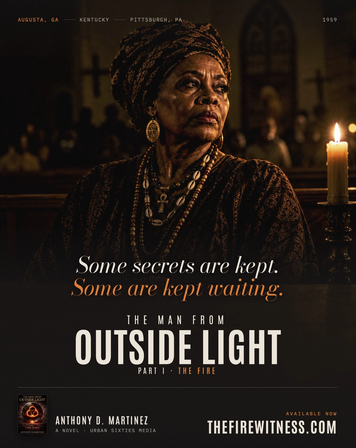 Promotional poster for The Man From Outside Light: The Fire showing an older woman inside a church, with the slogan Secrets Kept Waiting